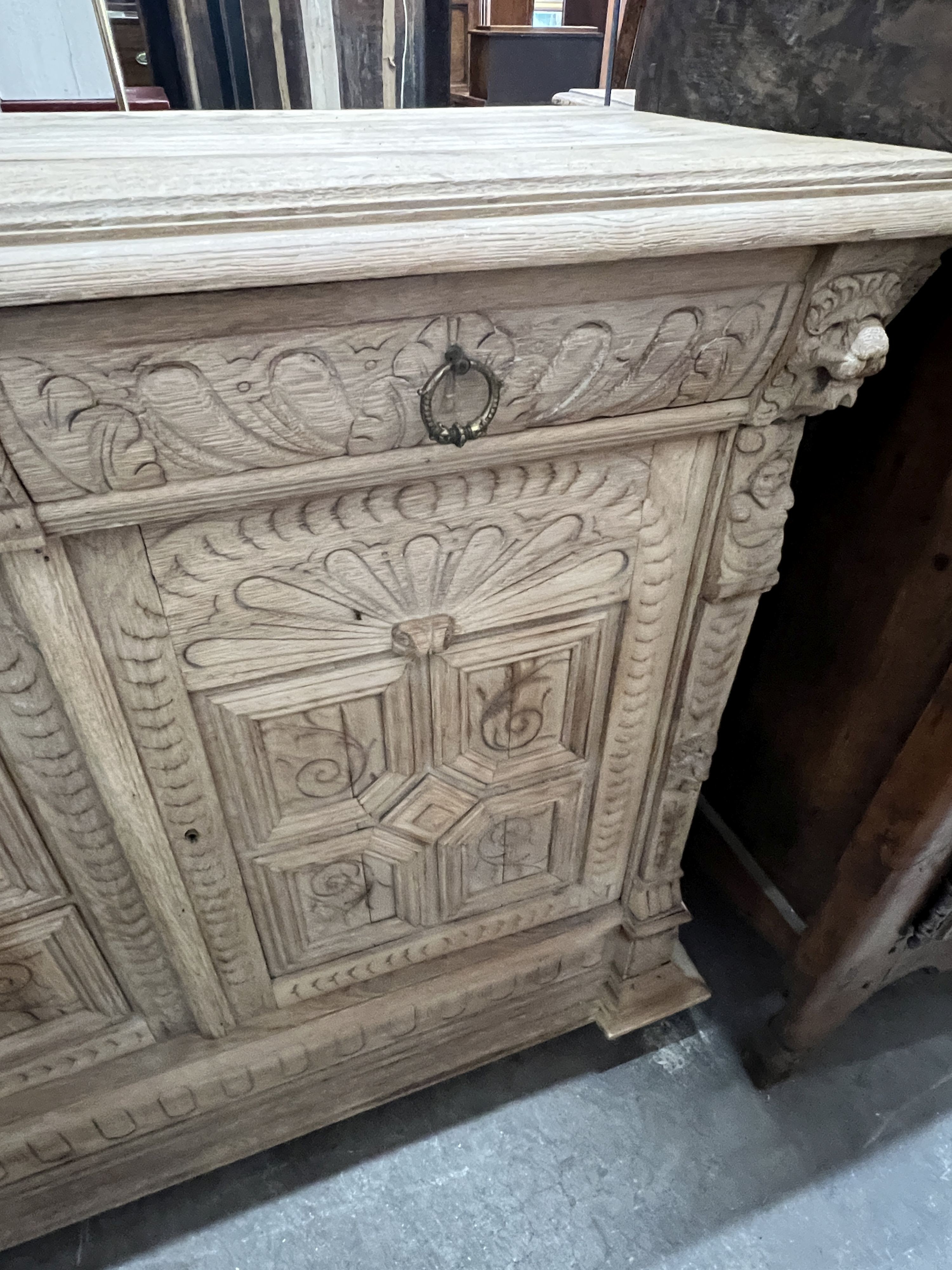 A late 19th century Flemish bleached oak buffet, length 120cm, depth 47cm, height 100cm
